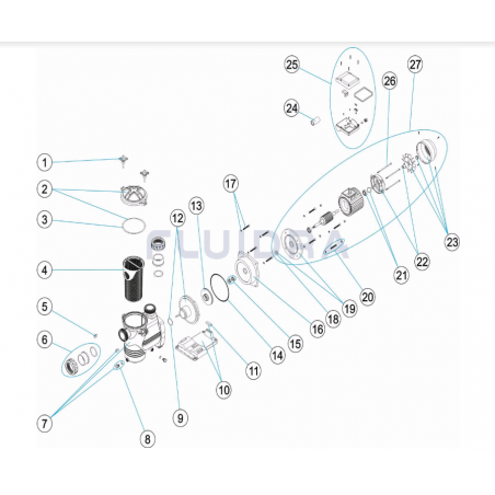 Schéma éclaté de la pompe de filtration New Europa. Le n°22 représente le couvercle membrane 2-3CV.