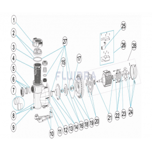 Schéma éclaté de la pompe de filtration Victoria Plus Silent. Le n°21 représente le roulement moteur 1CV.