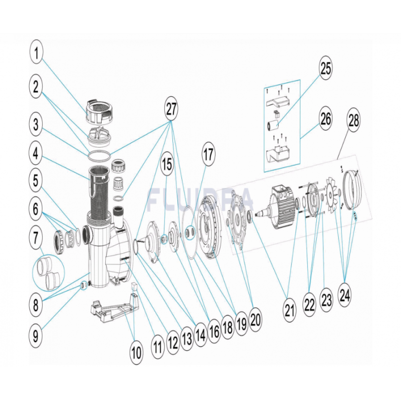 Schéma éclaté de la pompe de filtration Victoria Plus Silent. Le n°21 représente le roulement moteur 1CV.