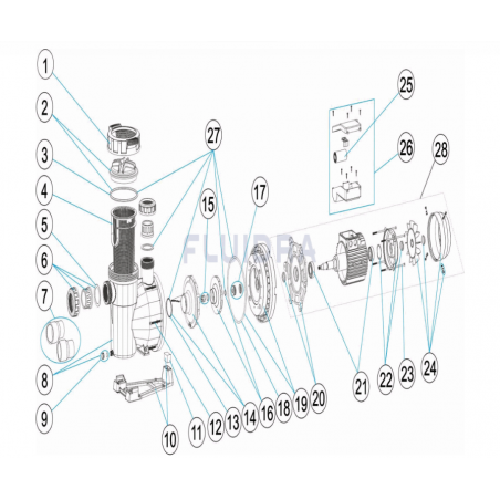Schéma éclaté de la pompe de filtration Victoria Plus Silent. Le n°25 représente le condensateur 16 MF.