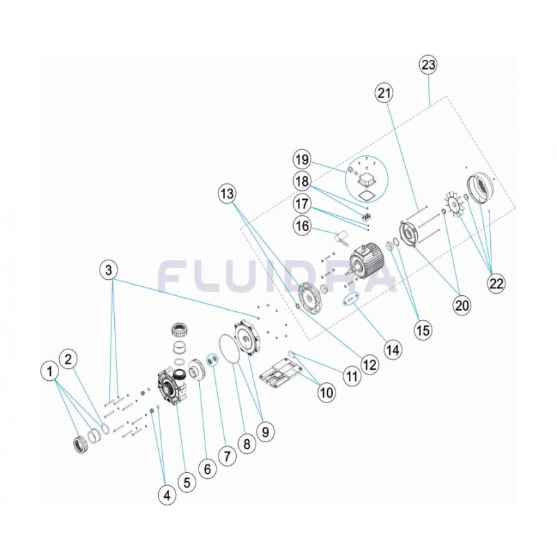 Schéma éclaté de la pompe de nage à contre courant. Le n°6 représente la turbine 4.5 CV.