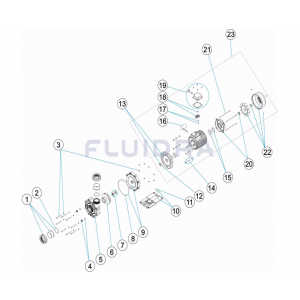 Schéma éclaté de la pompe de nage à contre courant CALA. Le n°23 représente le moteur de pompe 4,5CV.