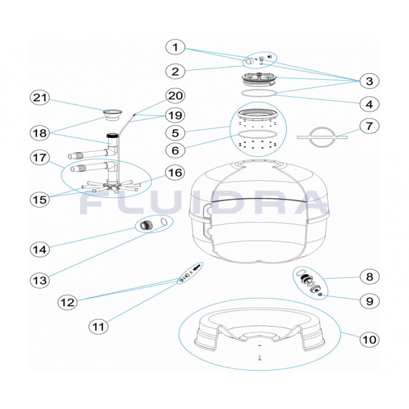 Schéma éclaté du filtre à sable Jupiter. Le n°2 représente le manomètre complet.