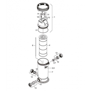 Schéma éclaté du filtre à cartouche CS. Le n°2 représente le joint de cuve.
