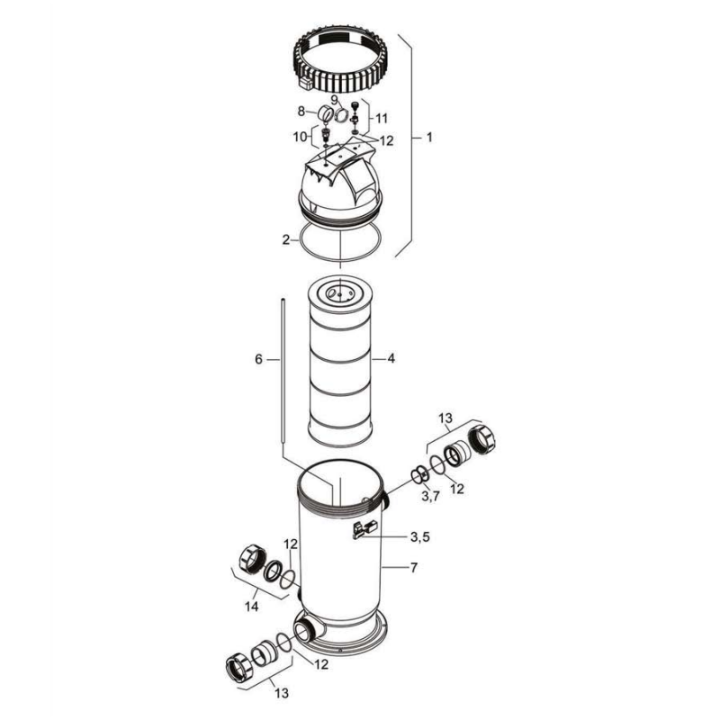 Schéma éclaté du filtre à cartouche CS. Le n°11 représente le kit vis de purge d'air.