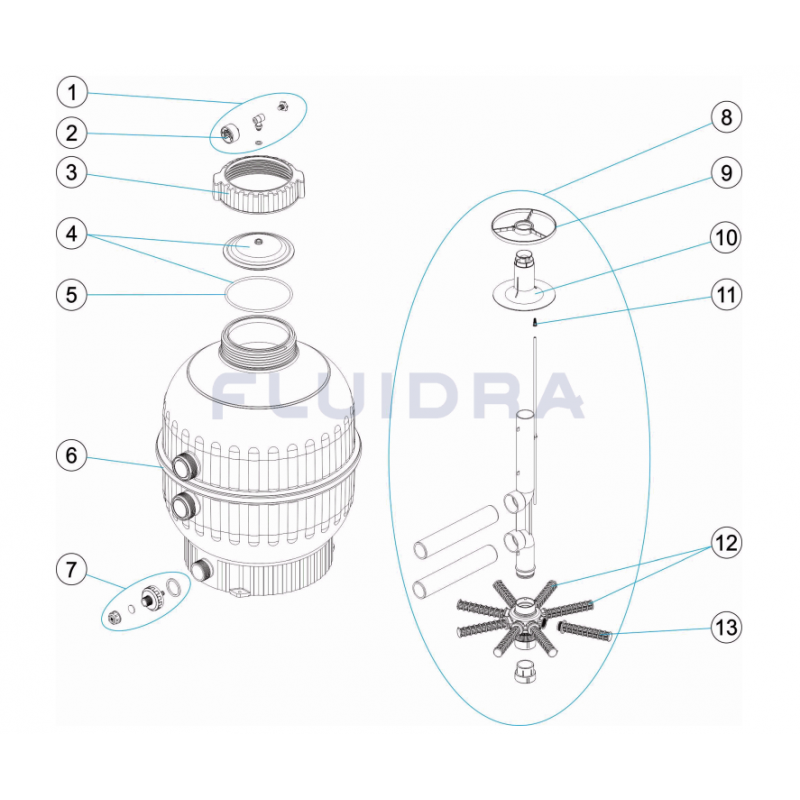 Schéma éclaté d'un filtre à sable Cantabric. Le n°6 représente l'anneau enjoliveur.