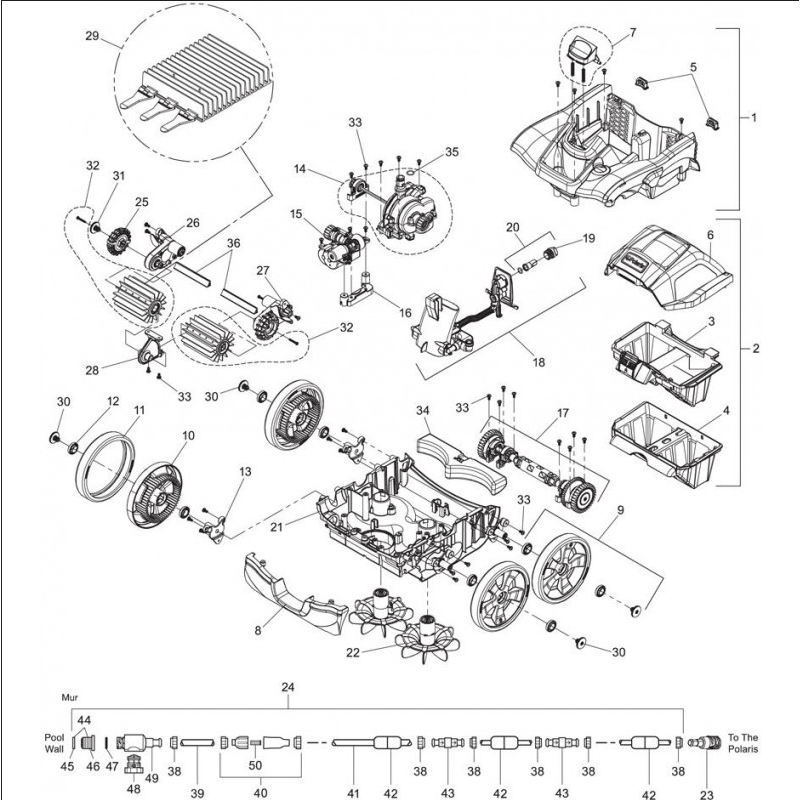 Schéma éclaté du robot Polaris. Le n°23 représente l'ensemble connecteur de tuyau noir.
