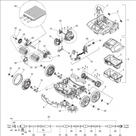 Schéma éclaté du robot Polaris. Le n°25 représente les brosses latérales.