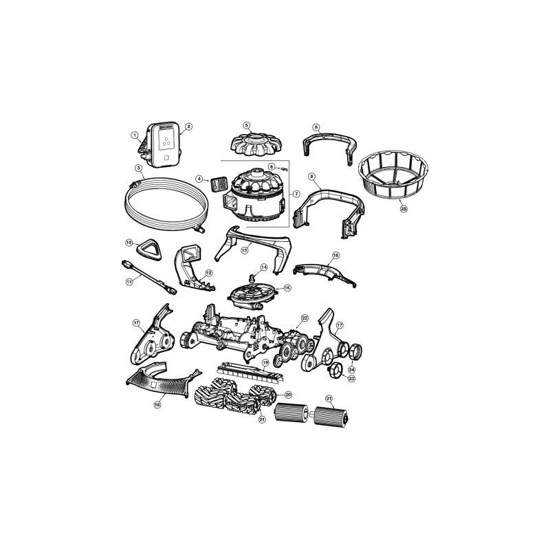 Schéma éclaté du robot AquaVac. Le n°99 représente le pack de vis Torx.