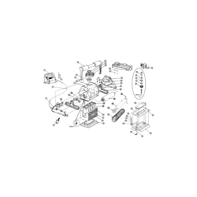 Schéma éclaté du robot Tiger Shark. Le n°43 représente le cache couvercle inférieur.