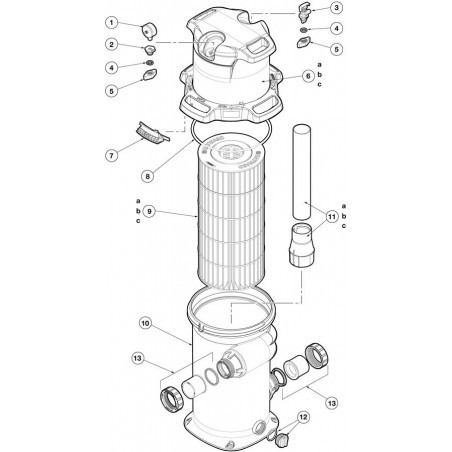 Schéma éclaté du filtre à cartouche Swimclear Mono Element. Le n°8 représente le joint torique corps.