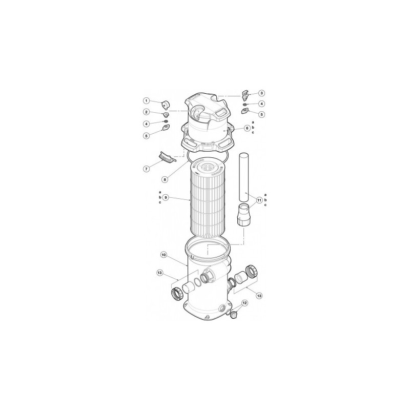 Schéma éclaté du filtre à cartouche Swimclear mono element. Le n°10 représente le corps de filtre pour 18.6m³.
