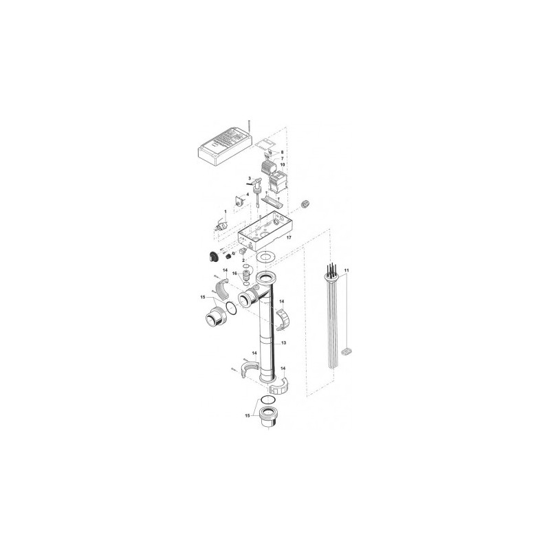 Schéma éclaté du réchauffeur RE/L. Le n°11 représente la résistance droite 3kW titane + entretoise.