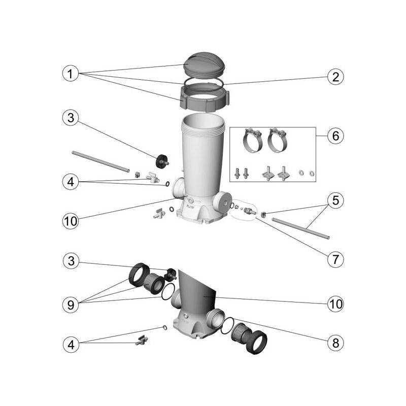 Schéma éclaté du brominateur Dossi 3. Le n°2 représente le joint de couvercle.