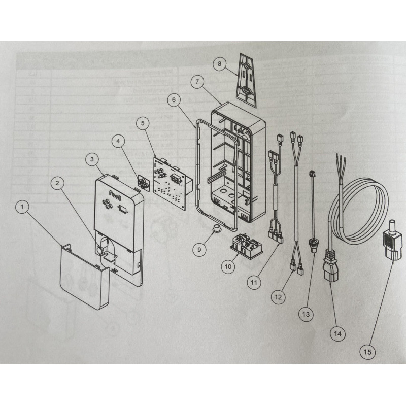Schéma éclaté d'un régulateur de Redox. Le n°14 représente le câble d'alimentation secteur 230 Vac.