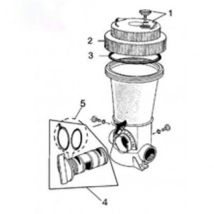 Schéma éclaté du brominateur Saniking. Le n°2 représente couvercle + joint.