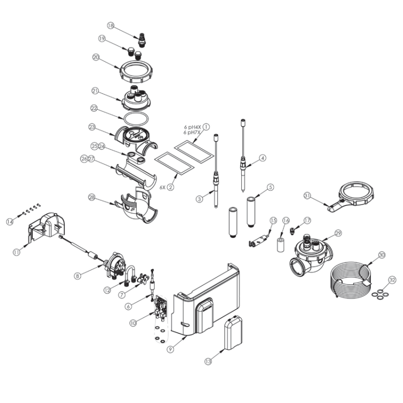 Schéma éclaté du pH Link Dual Link. Le n°5 représente le porte sonde.