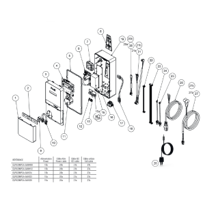 Schéma éclaté du pack électrolyse et régulateur de pH. Le n°11 représente le moteur de pompe.