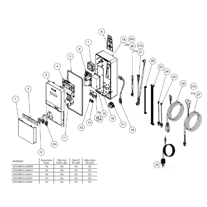 Schéma éclaté du pack électrolyse et régulateur de pH. Le n°11 représente le moteur de pompe.