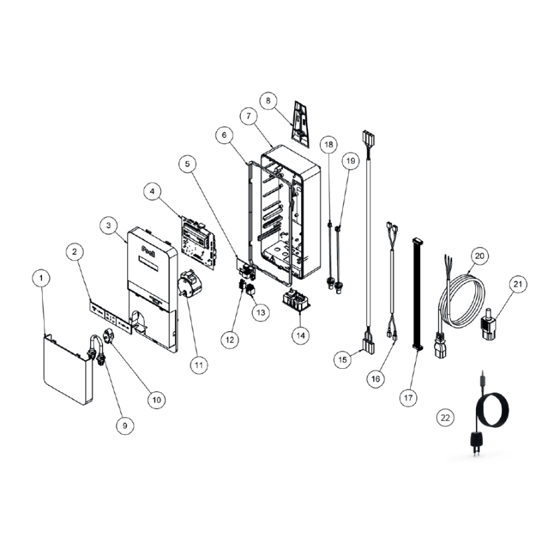 Schéma éclaté du Just Régul. Le n°4 représente la carte commande V2.