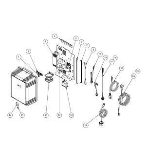 Schéma éclaté d'un stérilisateur UV Pool Technologie. Le n°9 représente le câble embase 230 Vac - alim 400W + ballast.