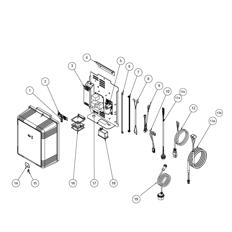 Schéma éclaté d'un stérilisateur UV. Le n°11 représente le câble lampe UV 2,2m avec PE avant 2023.