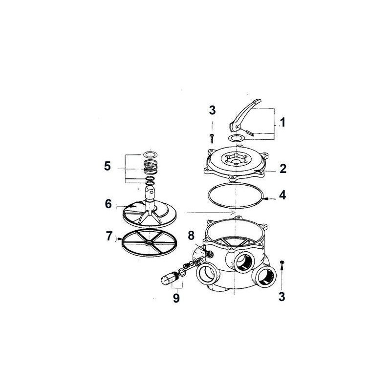 Schéma éclaté de la vanne 6 voies. Le n°7 représente le kit joints étoile.