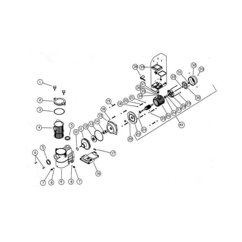 Schéma éclaté de la pompe de filtration Europa. Le n°6 représente le goujon basculant.