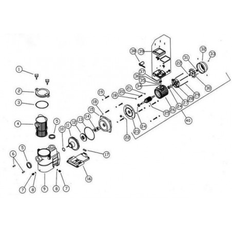 Schéma éclaté de la pompe de filtration Europa. Le n°12 représente la turbine 3CV.