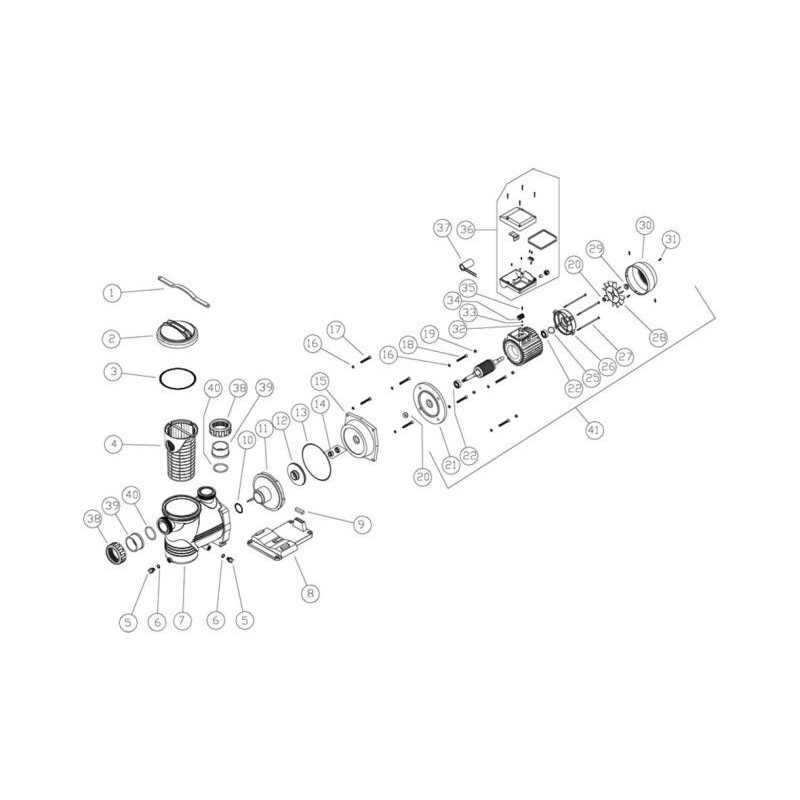 Schéma éclaté de la pompe de filtration Europa. Le n°1 représente la clé de couvercle de préfiltre.