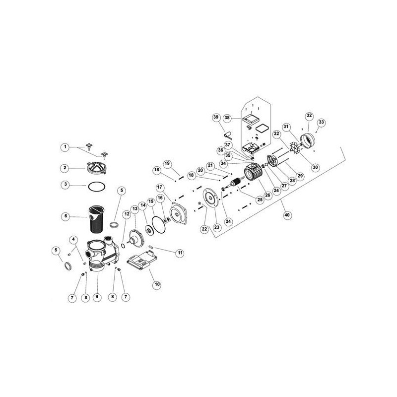Schéma éclaté de la pompe de filtration Europa. Le n°24 représente le roulement 1,5 CV.