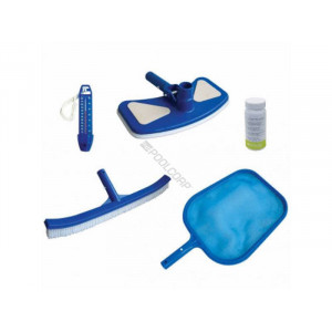 Image du kit complet d'entretien : tête de balai, brosse, épuisette de surface, thermomètre bleu, testeur bandelette 3 en 1.
