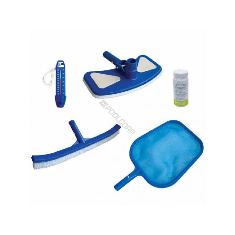 Image du kit complet d'entretien : tête de balai, brosse, épuisette de surface, thermomètre bleu, testeur bandelette 3 en 1.